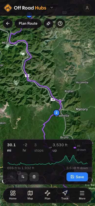 A planned route in the GoHubs app, with its distance, stops and elevation profile